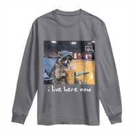 Basketball Raccoon I Live Here Now Long Sleeve Shirt Funny Trash Panda Drinking Iced Coffee Basketball Court