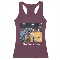 Basketball Raccoon I Live Here Now Racerback Tank Top Funny Trash Panda Drinking Iced Coffee Basketball Court