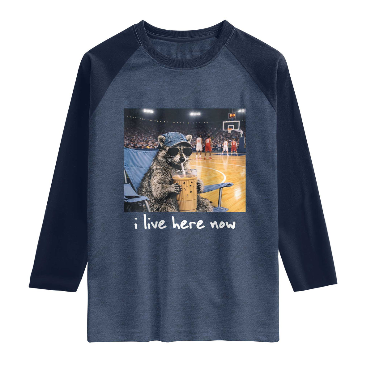Basketball Raccoon I Live Here Now Raglan Shirt Funny Trash Panda Drinking Iced Coffee Basketball Court