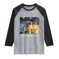 Basketball Raccoon I Live Here Now Raglan Shirt Funny Trash Panda Drinking Iced Coffee Basketball Court