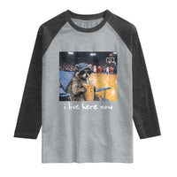 Basketball Raccoon I Live Here Now Raglan Shirt Funny Trash Panda Drinking Iced Coffee Basketball Court