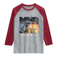 Basketball Raccoon I Live Here Now Raglan Shirt Funny Trash Panda Drinking Iced Coffee Basketball Court