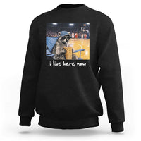 Basketball Raccoon I Live Here Now Sweatshirt Funny Trash Panda Drinking Iced Coffee Basketball Court