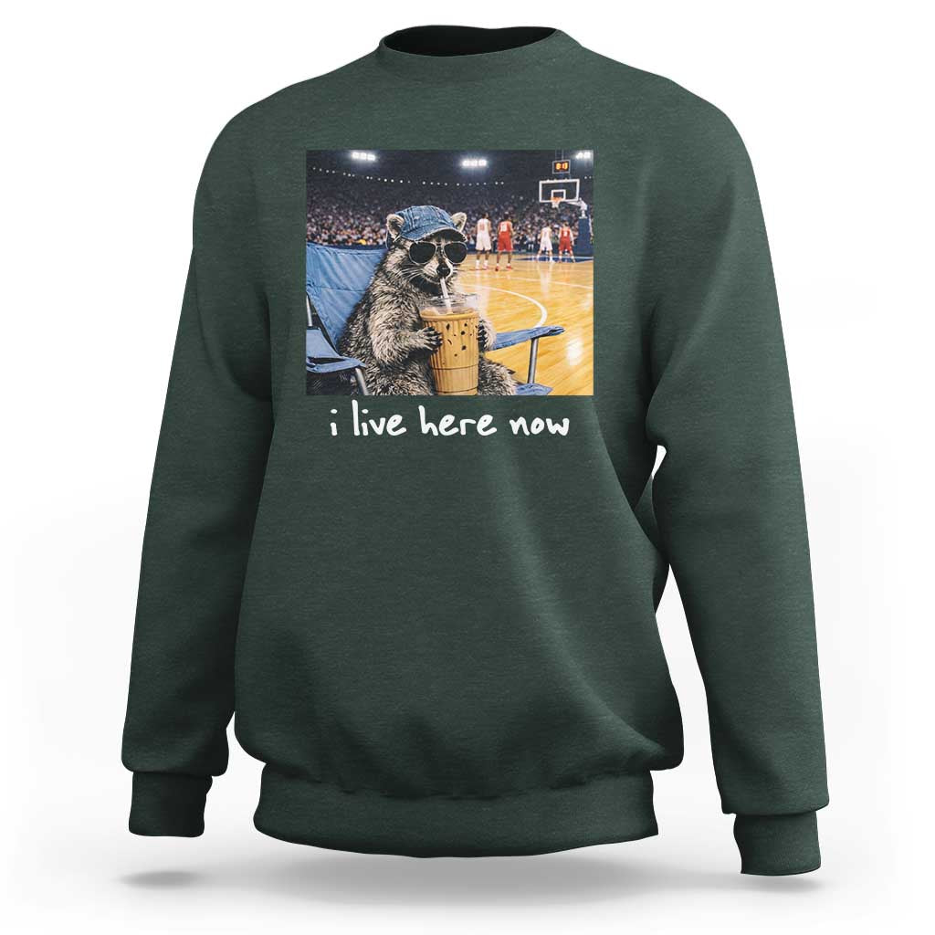 Basketball Raccoon I Live Here Now Sweatshirt Funny Trash Panda Drinking Iced Coffee Basketball Court