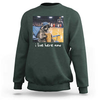 Basketball Raccoon I Live Here Now Sweatshirt Funny Trash Panda Drinking Iced Coffee Basketball Court