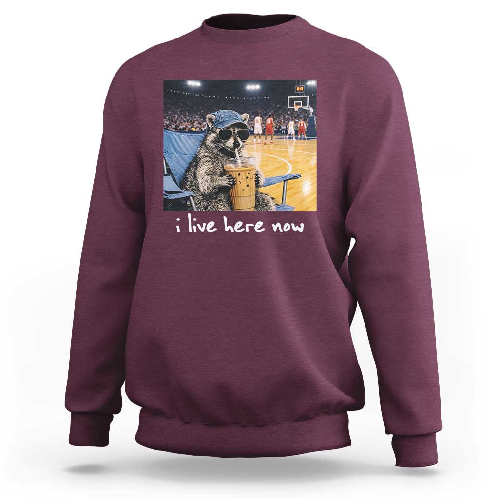 Basketball Raccoon I Live Here Now Sweatshirt Funny Trash Panda Drinking Iced Coffee Basketball Court
