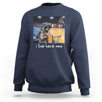 Basketball Raccoon I Live Here Now Sweatshirt Funny Trash Panda Drinking Iced Coffee Basketball Court
