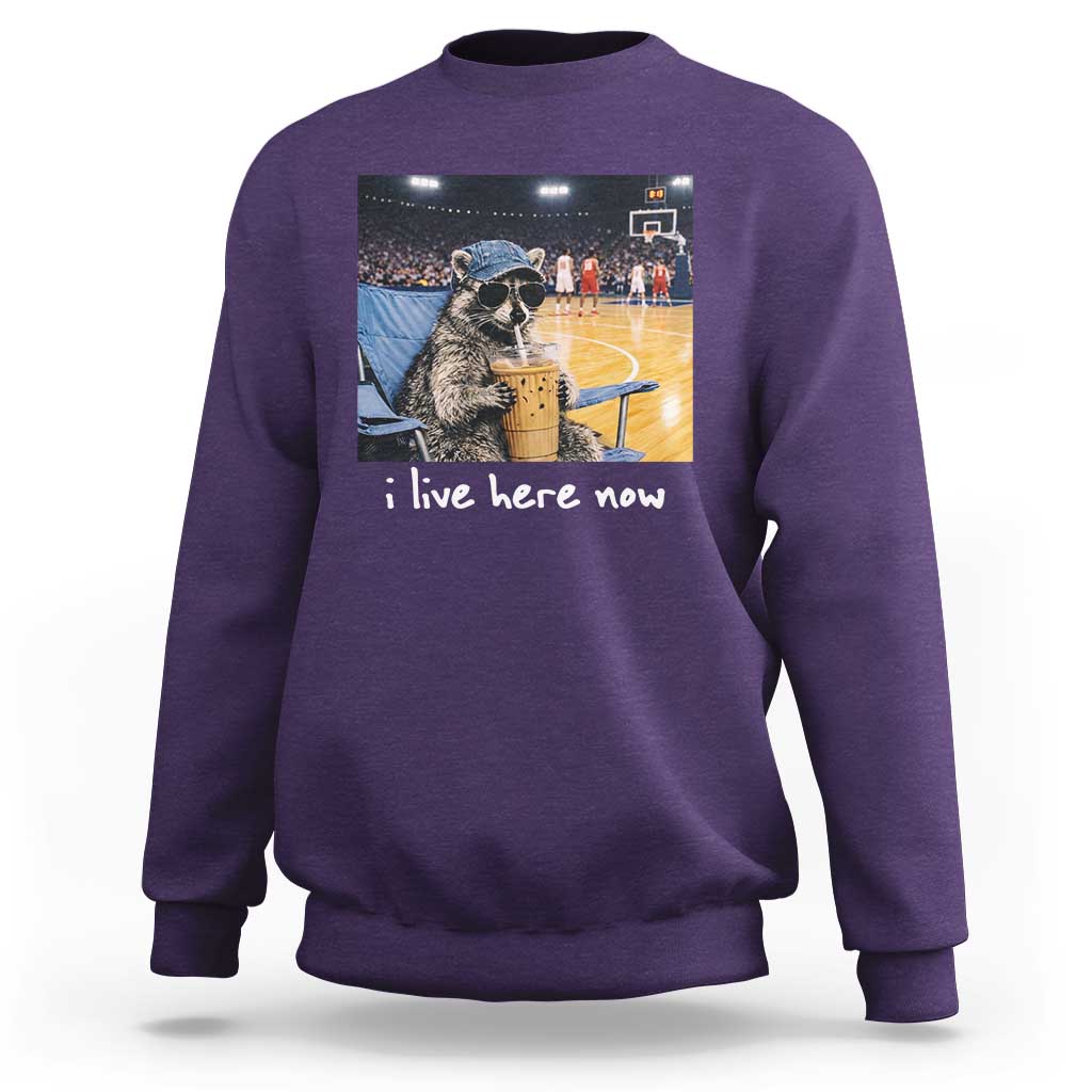 Basketball Raccoon I Live Here Now Sweatshirt Funny Trash Panda Drinking Iced Coffee Basketball Court