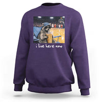 Basketball Raccoon I Live Here Now Sweatshirt Funny Trash Panda Drinking Iced Coffee Basketball Court