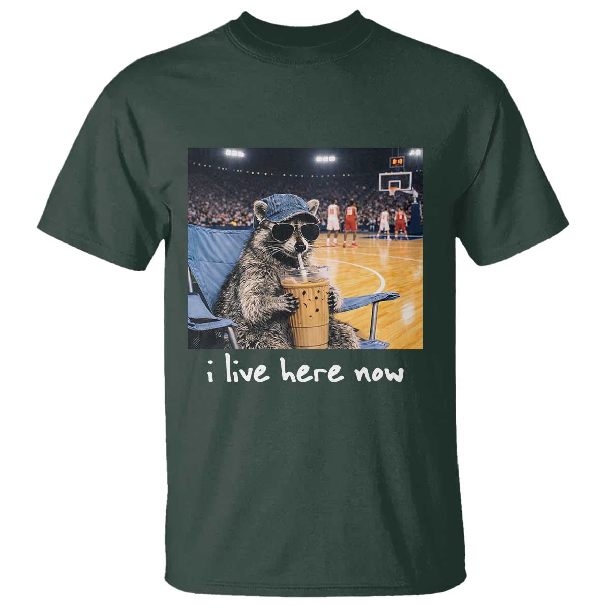 Basketball Raccoon I Live Here Now T Shirt Funny Trash Panda Drinking Iced Coffee Basketball Court