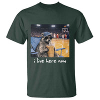 Basketball Raccoon I Live Here Now T Shirt Funny Trash Panda Drinking Iced Coffee Basketball Court