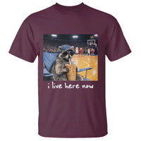 Basketball Raccoon I Live Here Now T Shirt Funny Trash Panda Drinking Iced Coffee Basketball Court