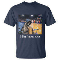 Basketball Raccoon I Live Here Now T Shirt Funny Trash Panda Drinking Iced Coffee Basketball Court