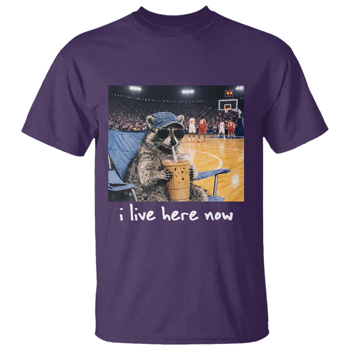 Basketball Raccoon I Live Here Now T Shirt Funny Trash Panda Drinking Iced Coffee Basketball Court
