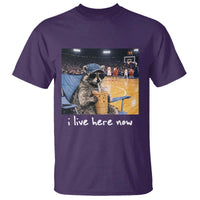 Basketball Raccoon I Live Here Now T Shirt Funny Trash Panda Drinking Iced Coffee Basketball Court
