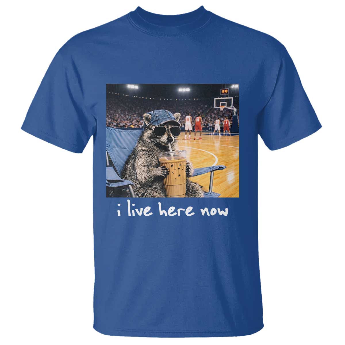 Basketball Raccoon I Live Here Now T Shirt Funny Trash Panda Drinking Iced Coffee Basketball Court