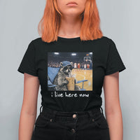 Basketball Raccoon I Live Here Now T Shirt For Women Funny Trash Panda Drinking Iced Coffee Basketball Court