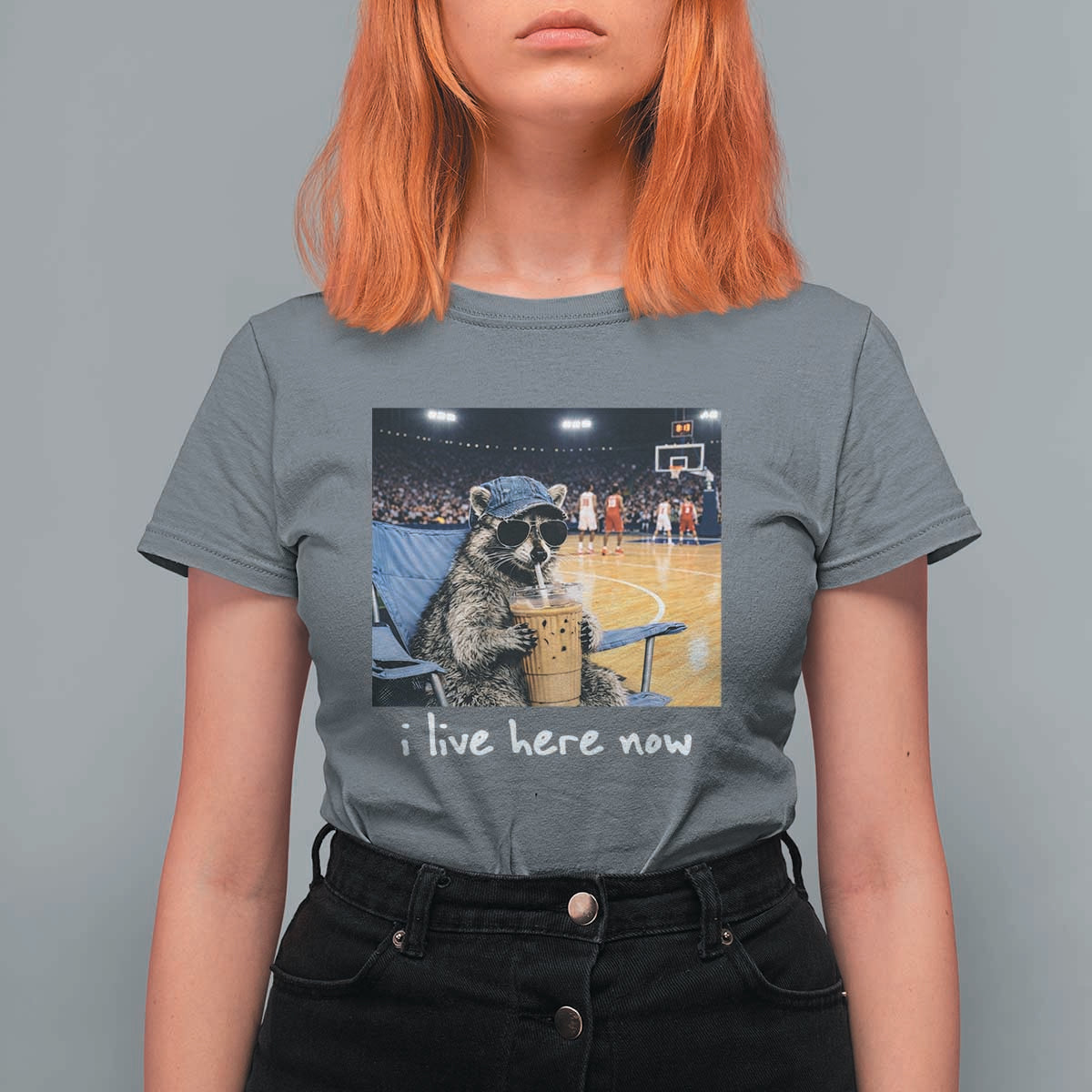 Basketball Raccoon I Live Here Now T Shirt For Women Funny Trash Panda Drinking Iced Coffee Basketball Court