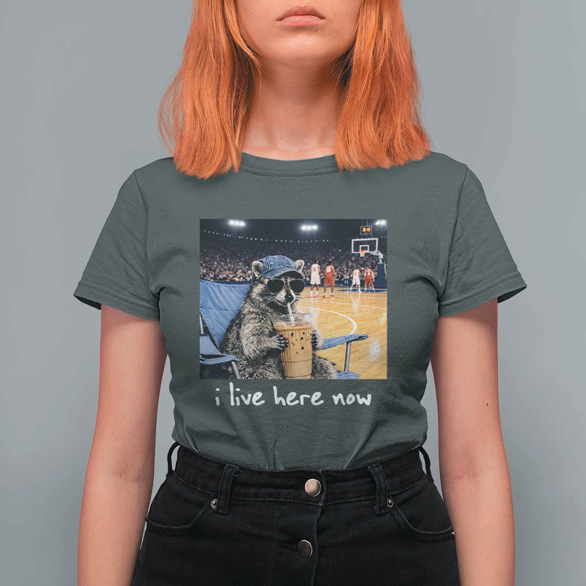 Basketball Raccoon I Live Here Now T Shirt For Women Funny Trash Panda Drinking Iced Coffee Basketball Court