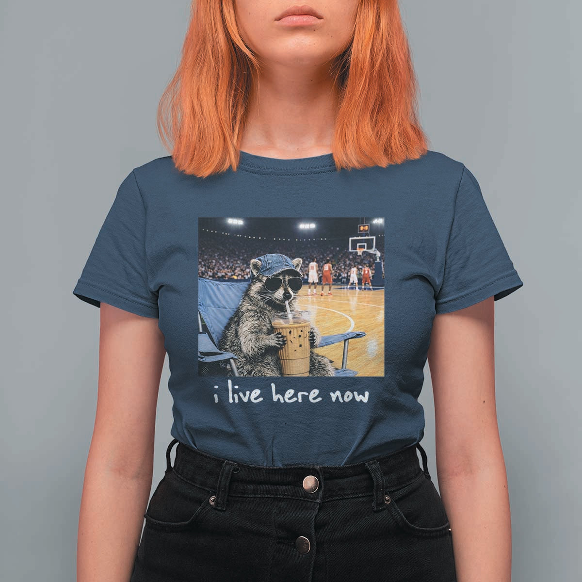 Basketball Raccoon I Live Here Now T Shirt For Women Funny Trash Panda Drinking Iced Coffee Basketball Court