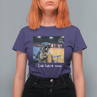 Basketball Raccoon I Live Here Now T Shirt For Women Funny Trash Panda Drinking Iced Coffee Basketball Court