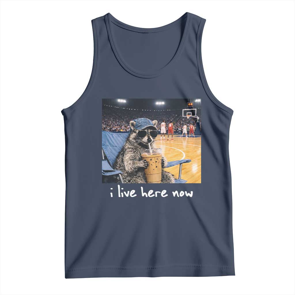 Basketball Raccoon I Live Here Now Tank Top Funny Trash Panda Drinking Iced Coffee Basketball Court