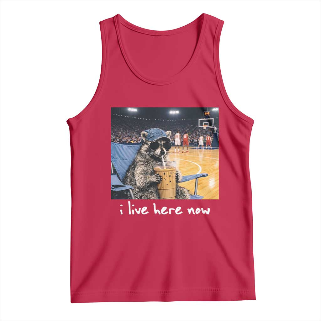 Basketball Raccoon I Live Here Now Tank Top Funny Trash Panda Drinking Iced Coffee Basketball Court