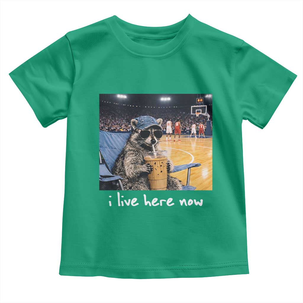 Basketball Raccoon I Live Here Now Toddler T Shirt Funny Trash Panda Drinking Iced Coffee Basketball Court