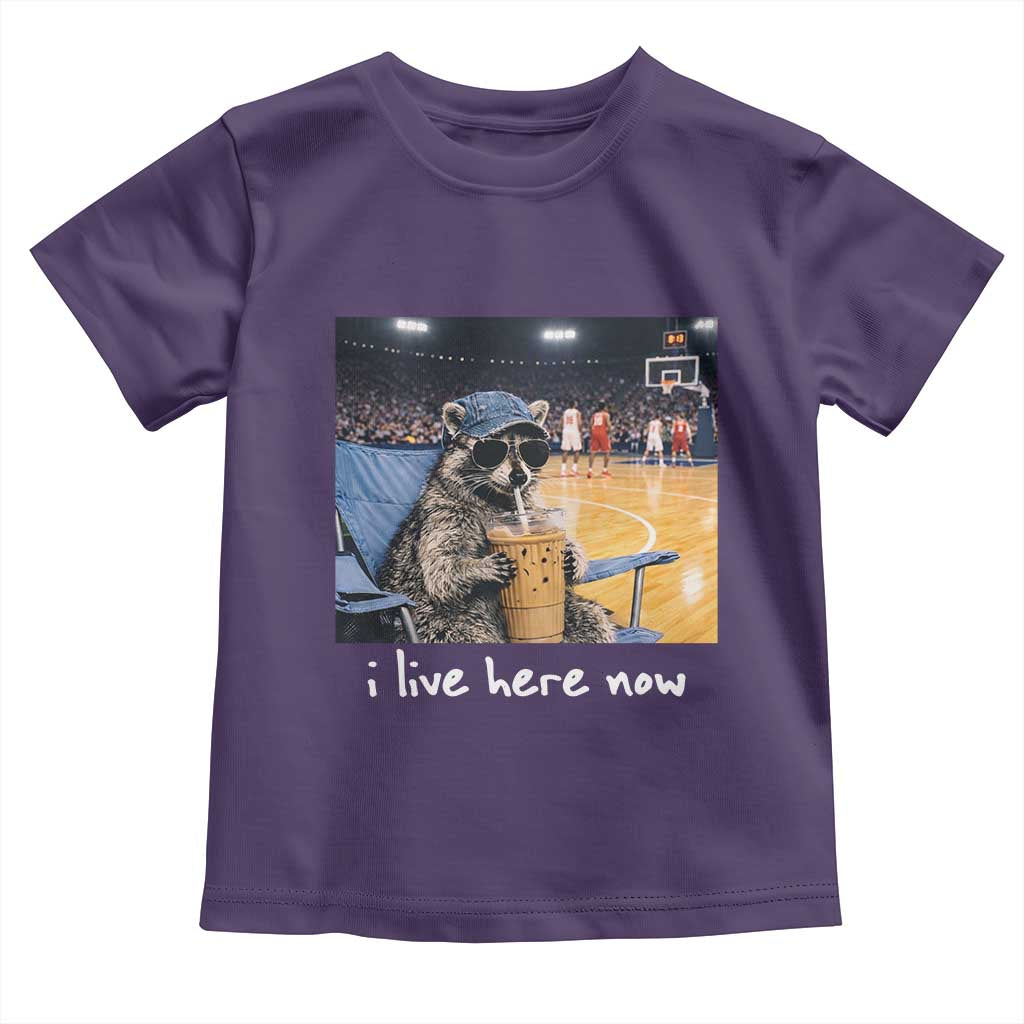 Basketball Raccoon I Live Here Now Toddler T Shirt Funny Trash Panda Drinking Iced Coffee Basketball Court