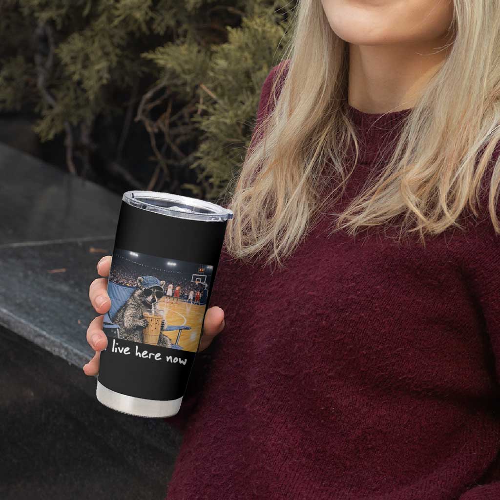 Basketball Raccoon I Live Here Now Tumbler Cup Funny Trash Panda Drinking Iced Coffee Basketball Court