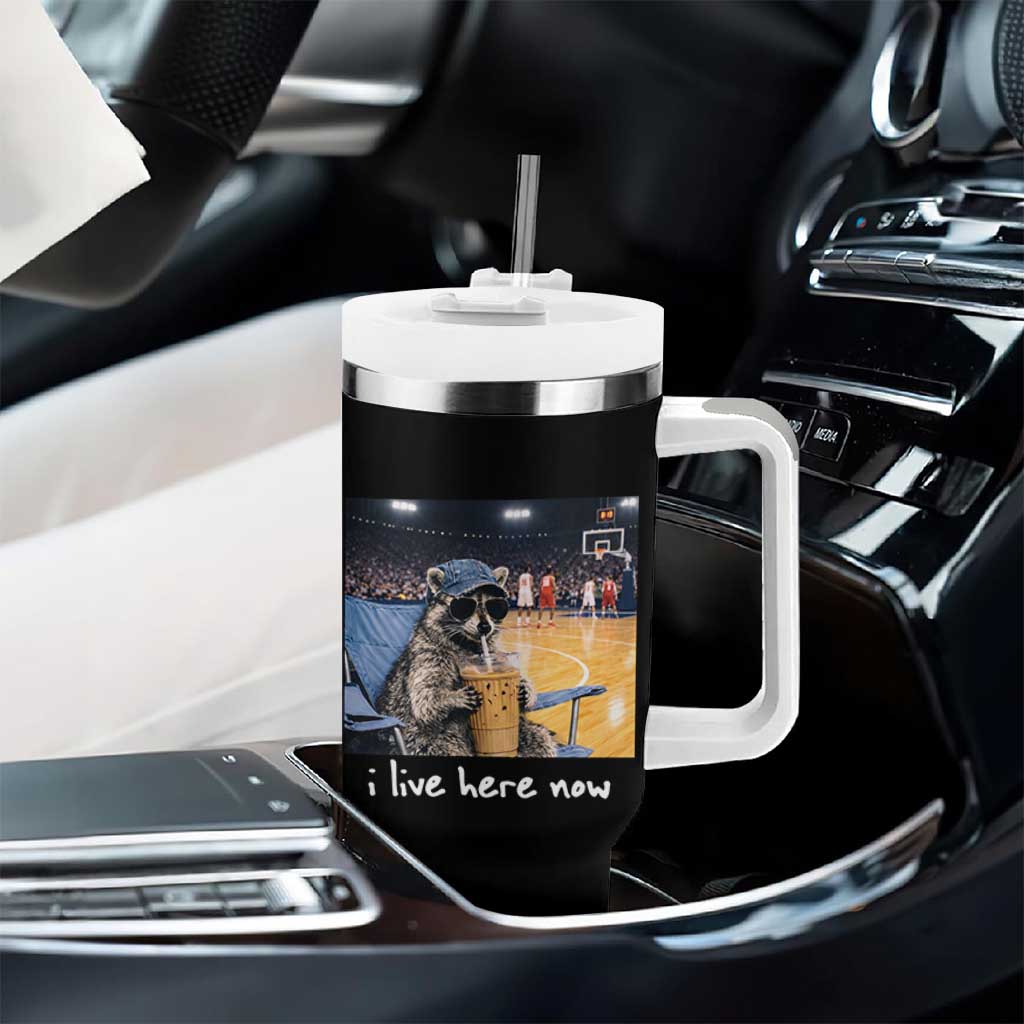 Basketball Raccoon I Live Here Now Tumbler With Handle Funny Trash Panda Drinking Iced Coffee Basketball Court