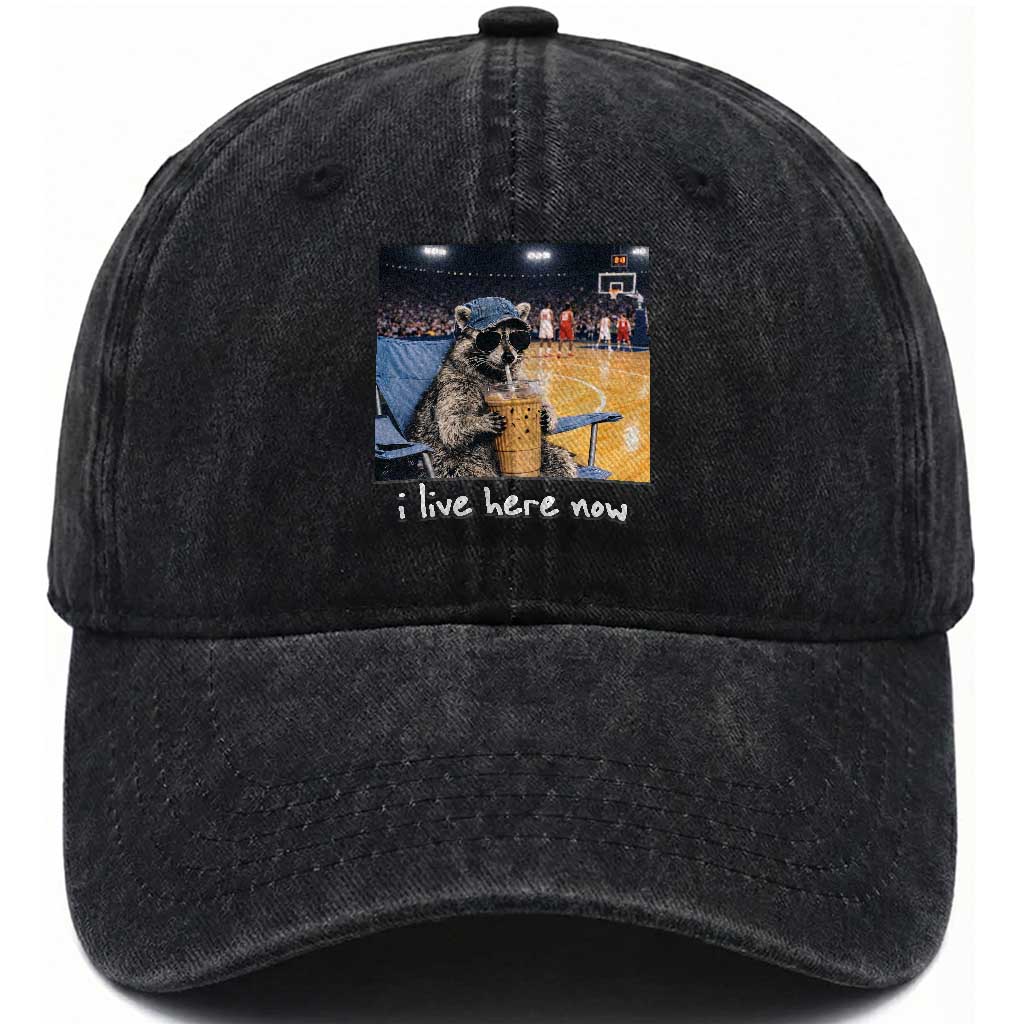 Basketball Raccoon I Live Here Now Washed Cotton Baseball Cap Funny Trash Panda Drinking Iced Coffee Basketball Court