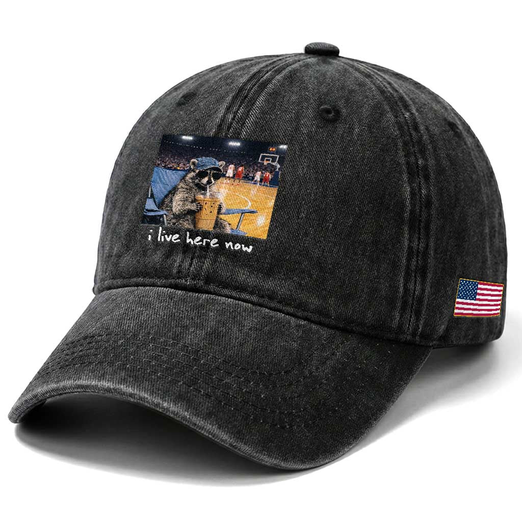 Basketball Raccoon I Live Here Now Washed Cotton Baseball Cap Funny Trash Panda Drinking Iced Coffee Basketball Court