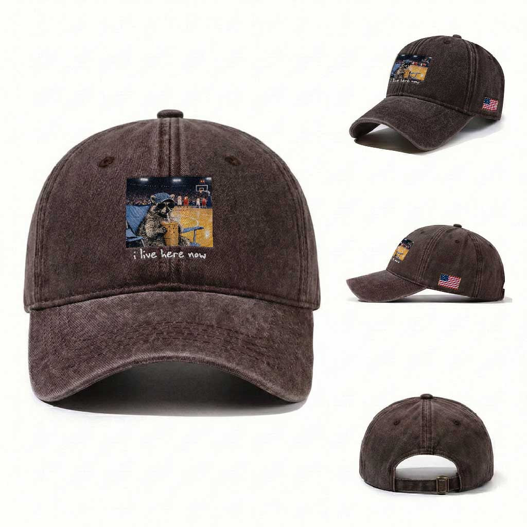 Basketball Raccoon I Live Here Now Washed Cotton Baseball Cap Funny Trash Panda Drinking Iced Coffee Basketball Court
