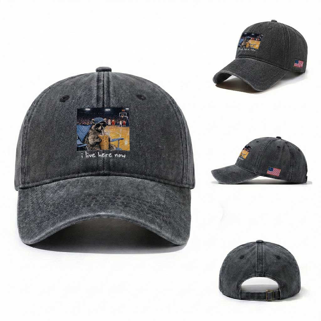 Basketball Raccoon I Live Here Now Washed Cotton Baseball Cap Funny Trash Panda Drinking Iced Coffee Basketball Court