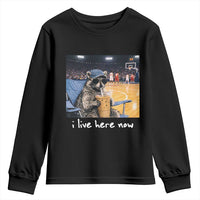 Basketball Raccoon I Live Here Now Youth Sweatshirt Funny Trash Panda Drinking Iced Coffee Basketball Court