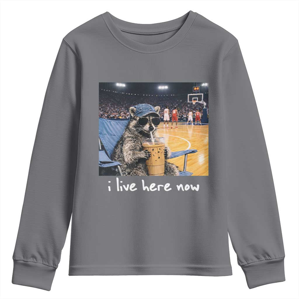 Basketball Raccoon I Live Here Now Youth Sweatshirt Funny Trash Panda Drinking Iced Coffee Basketball Court