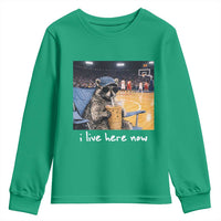 Basketball Raccoon I Live Here Now Youth Sweatshirt Funny Trash Panda Drinking Iced Coffee Basketball Court