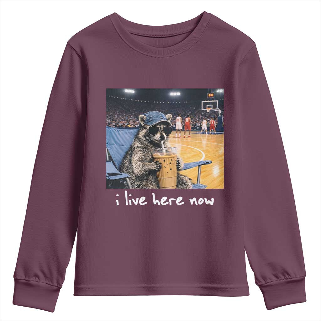 Basketball Raccoon I Live Here Now Youth Sweatshirt Funny Trash Panda Drinking Iced Coffee Basketball Court