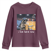 Basketball Raccoon I Live Here Now Youth Sweatshirt Funny Trash Panda Drinking Iced Coffee Basketball Court