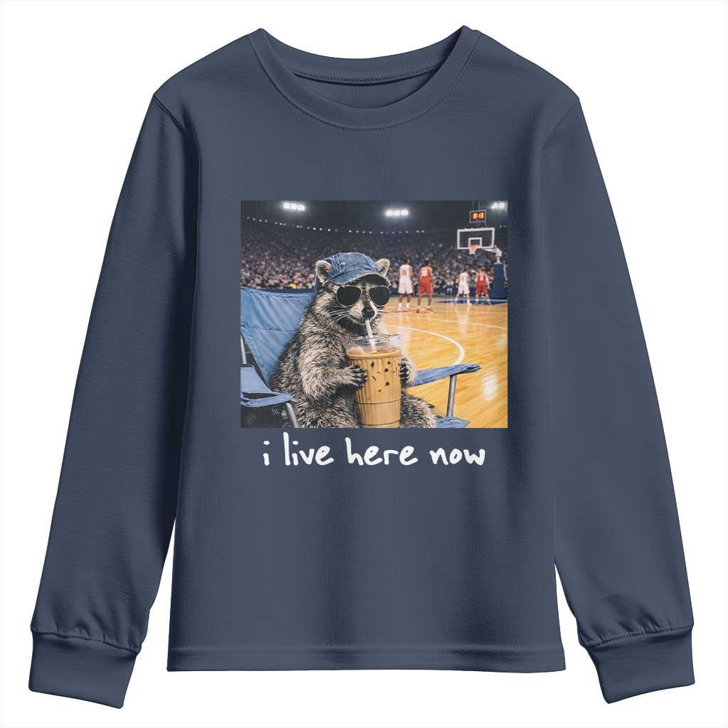 Basketball Raccoon I Live Here Now Youth Sweatshirt Funny Trash Panda Drinking Iced Coffee Basketball Court