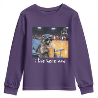 Basketball Raccoon I Live Here Now Youth Sweatshirt Funny Trash Panda Drinking Iced Coffee Basketball Court