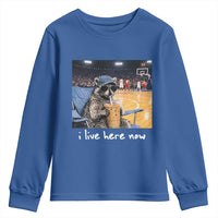 Basketball Raccoon I Live Here Now Youth Sweatshirt Funny Trash Panda Drinking Iced Coffee Basketball Court