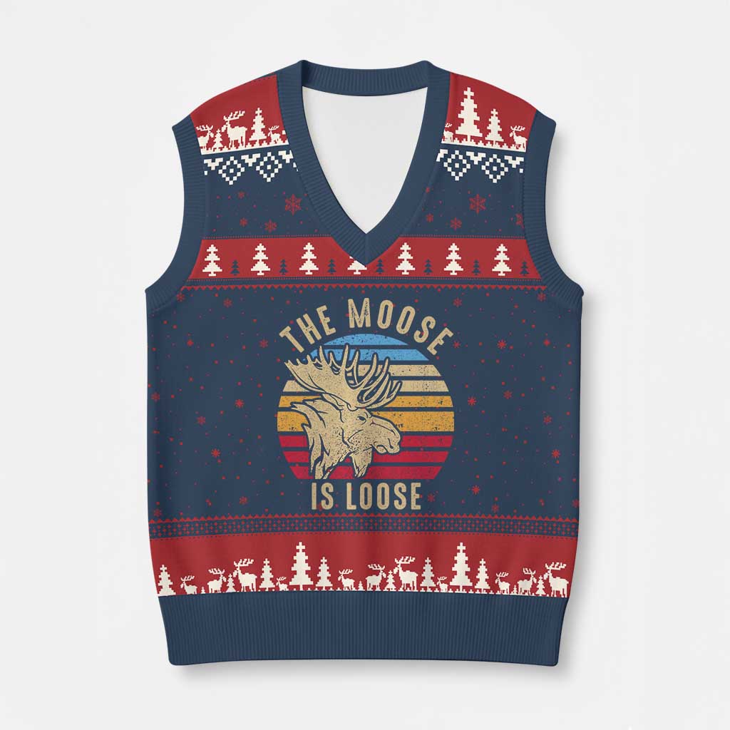 Funny The Moose Is Loose V-Neck Knit Sweater Vest Moose Lover Retro Vintage - Wonder Print Shop