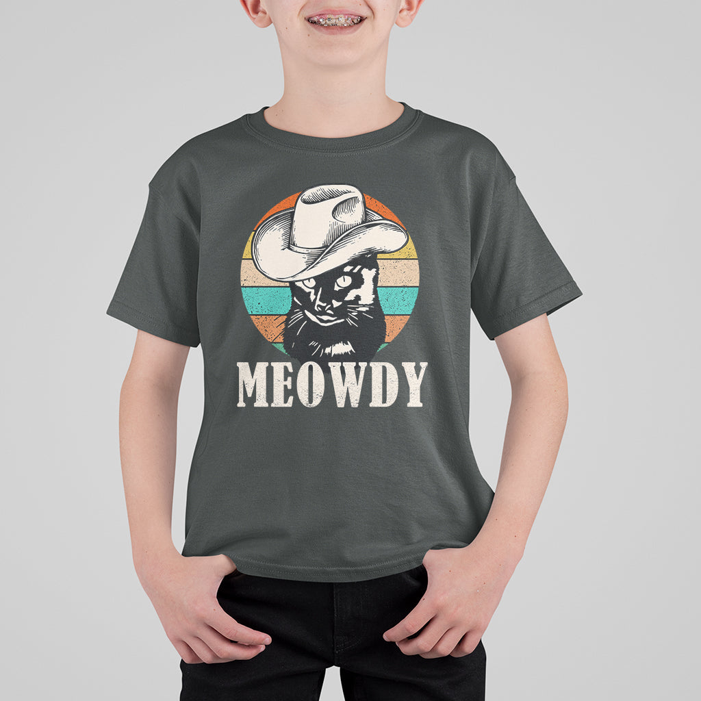 Cat Lover T Shirt For Kid Meowdy Funny Howdy Retro Vintage Cowboy Hat - Wonder Print Shop