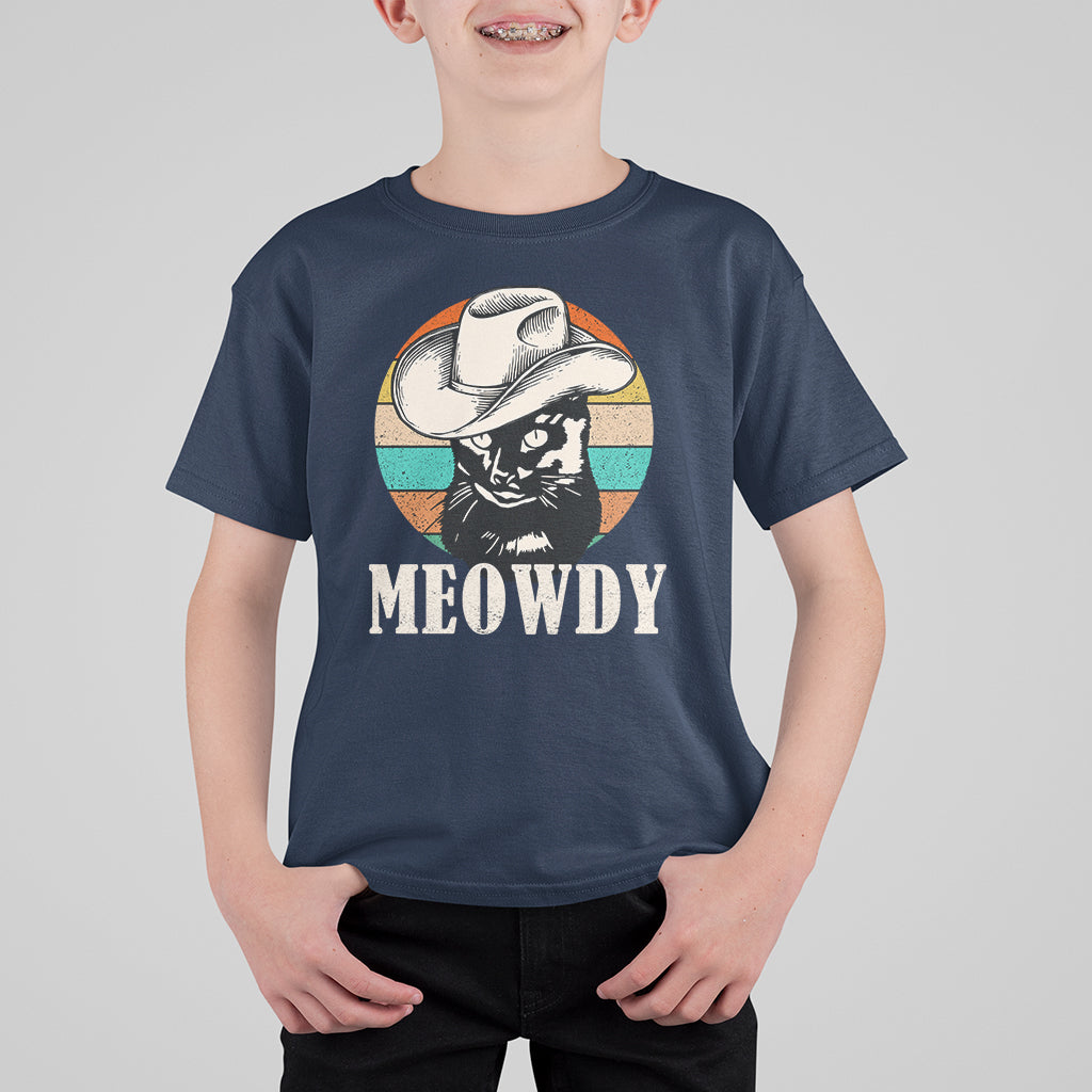 Cat Lover T Shirt For Kid Meowdy Funny Howdy Retro Vintage Cowboy Hat - Wonder Print Shop