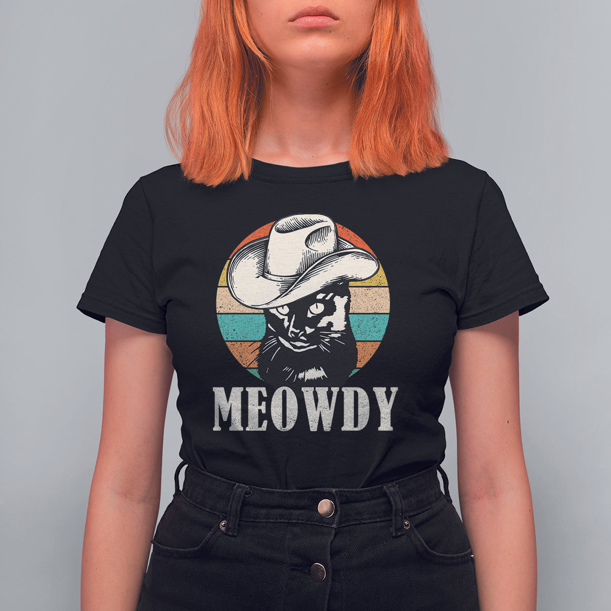 Cat Lover T Shirt For Women Meowdy Funny Howdy Retro Vintage Cowboy Hat - Wonder Print Shop