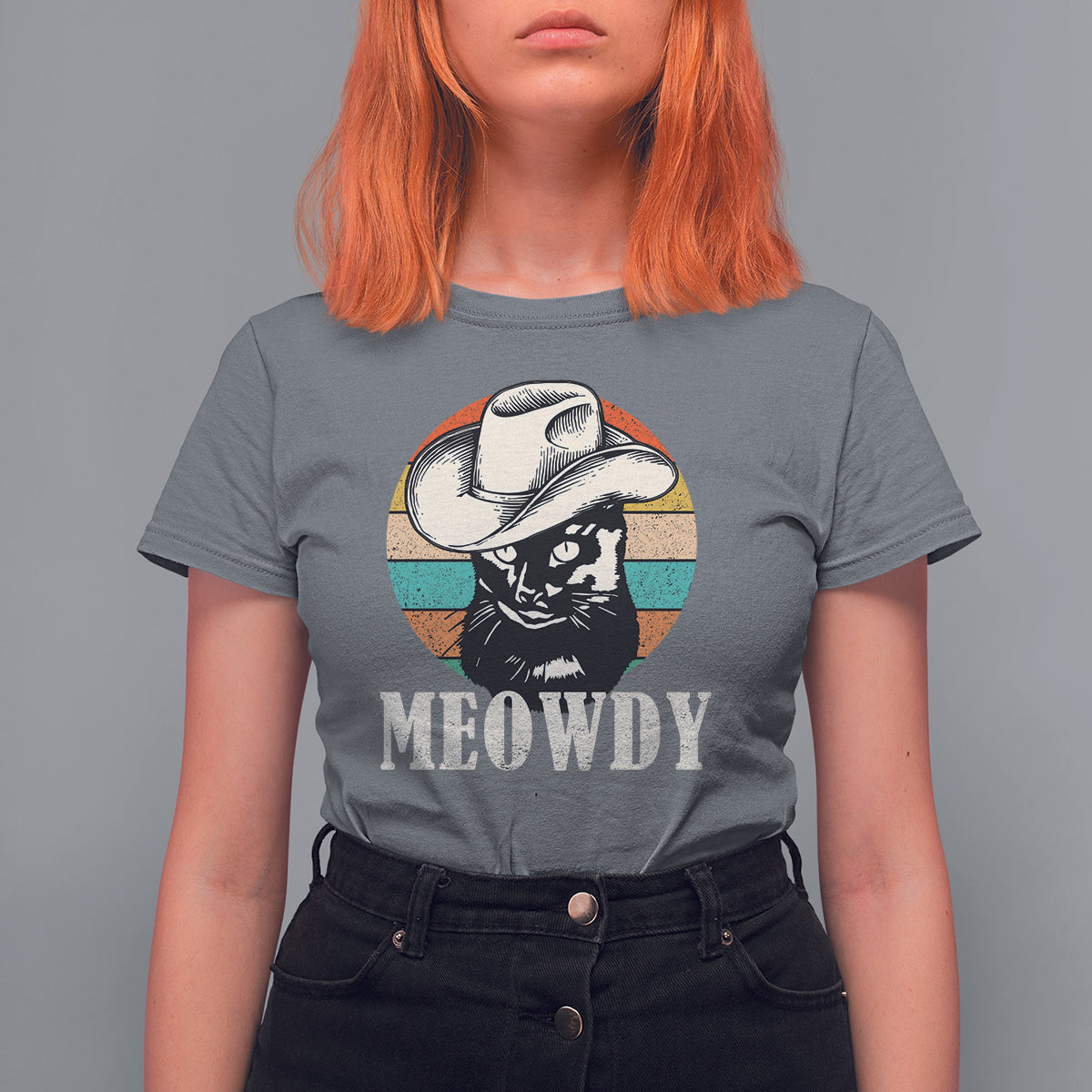 Cat Lover T Shirt For Women Meowdy Funny Howdy Retro Vintage Cowboy Hat - Wonder Print Shop