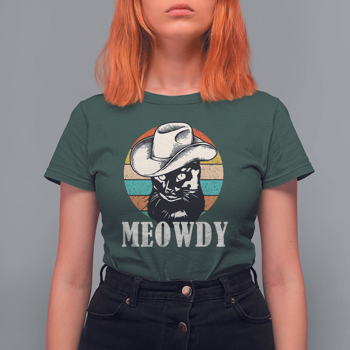 Cat Lover T Shirt For Women Meowdy Funny Howdy Retro Vintage Cowboy Hat - Wonder Print Shop