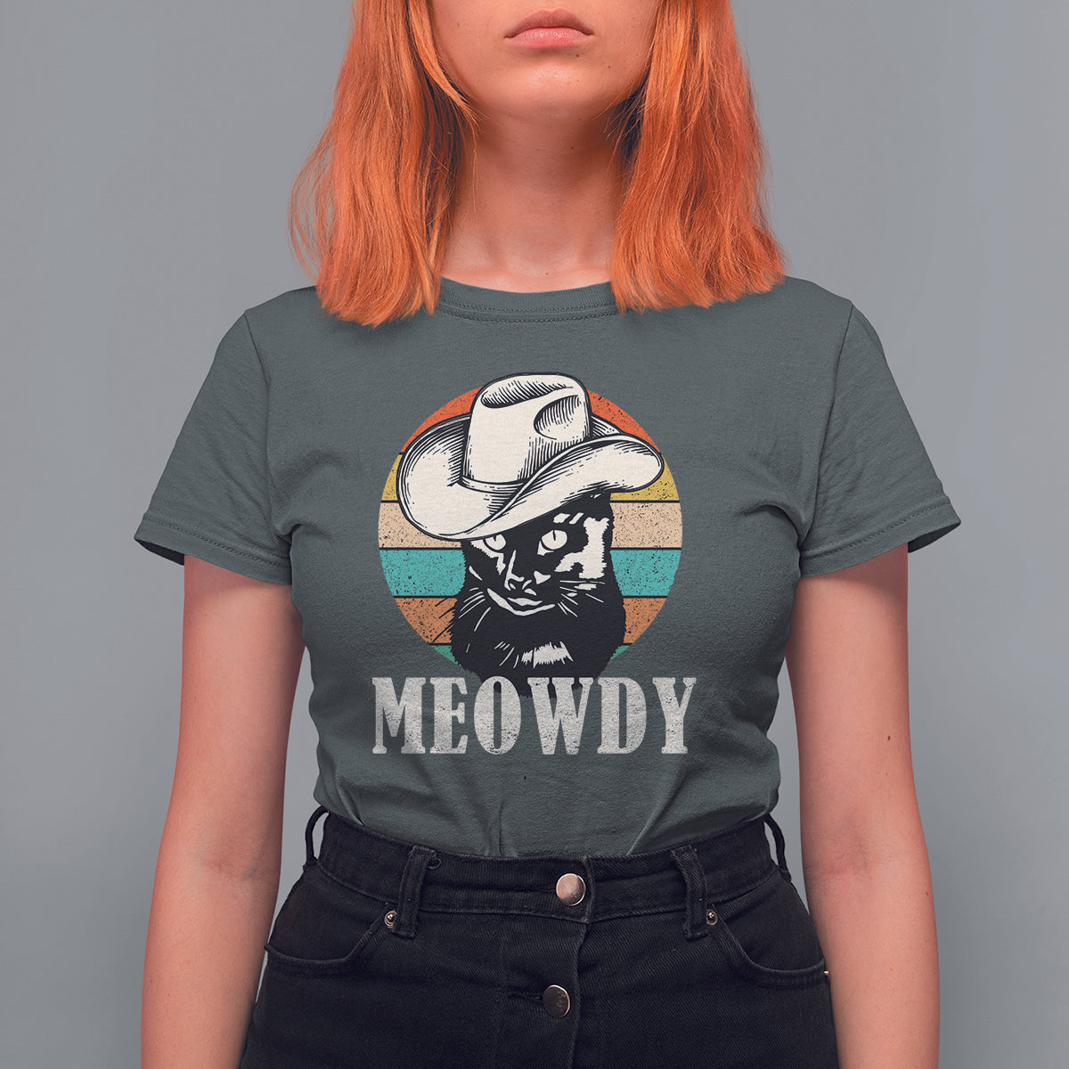 Cat Lover T Shirt For Women Meowdy Funny Howdy Retro Vintage Cowboy Hat - Wonder Print Shop